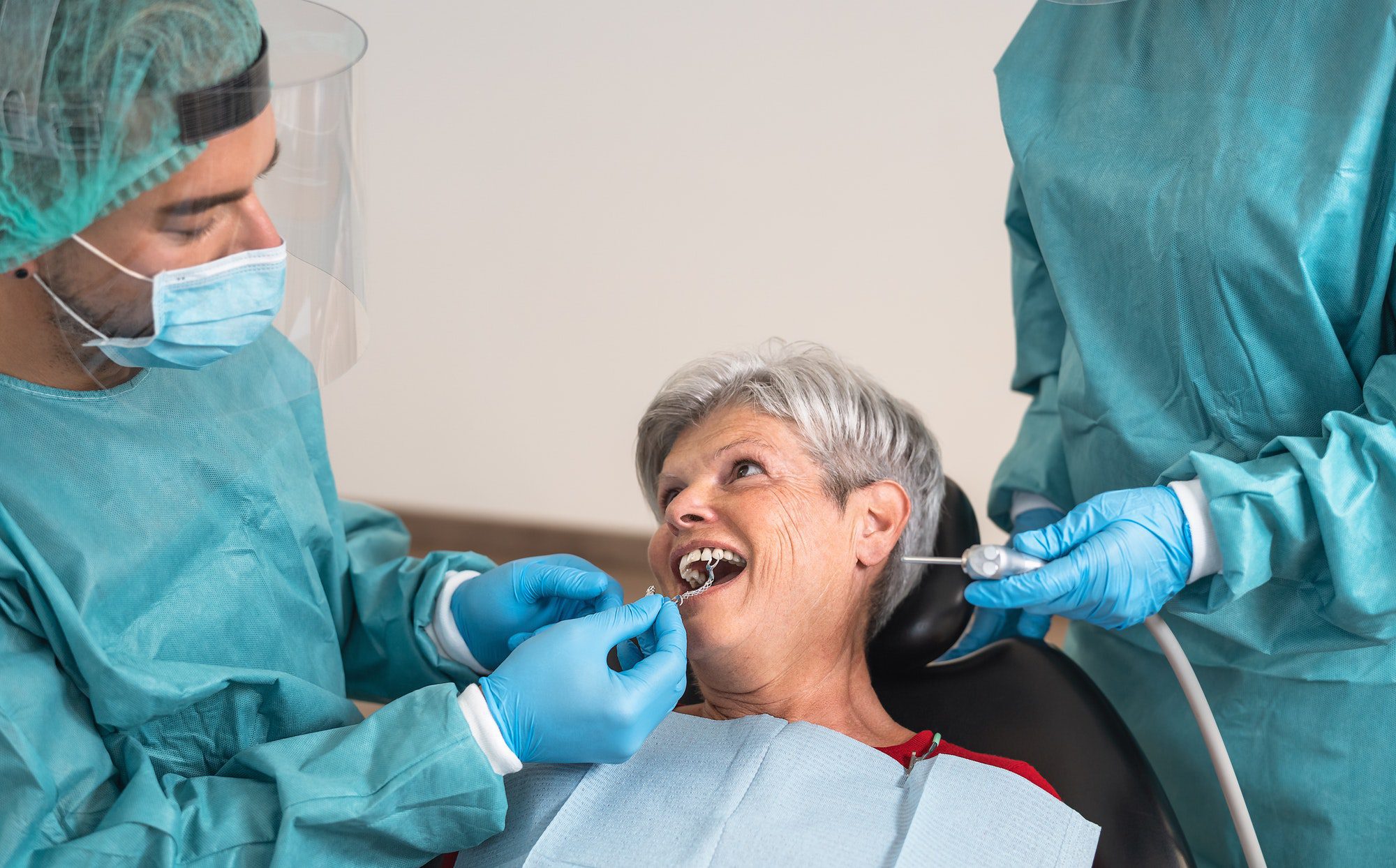 Senior at dentist which is covered by her Medicare Supplements and dental coverage.