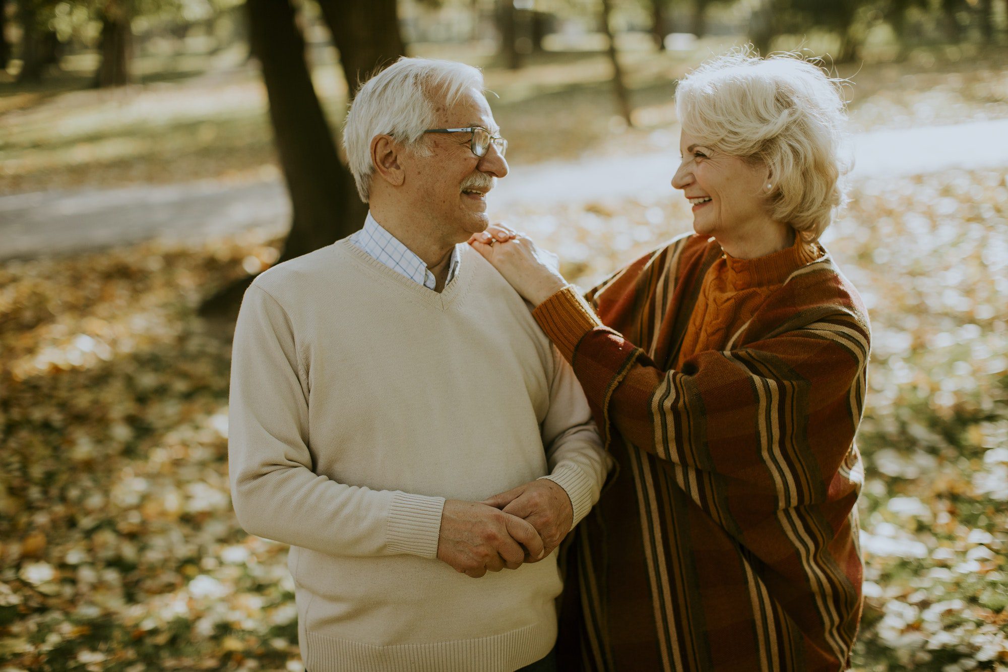 Senior couple embracing in autumn park