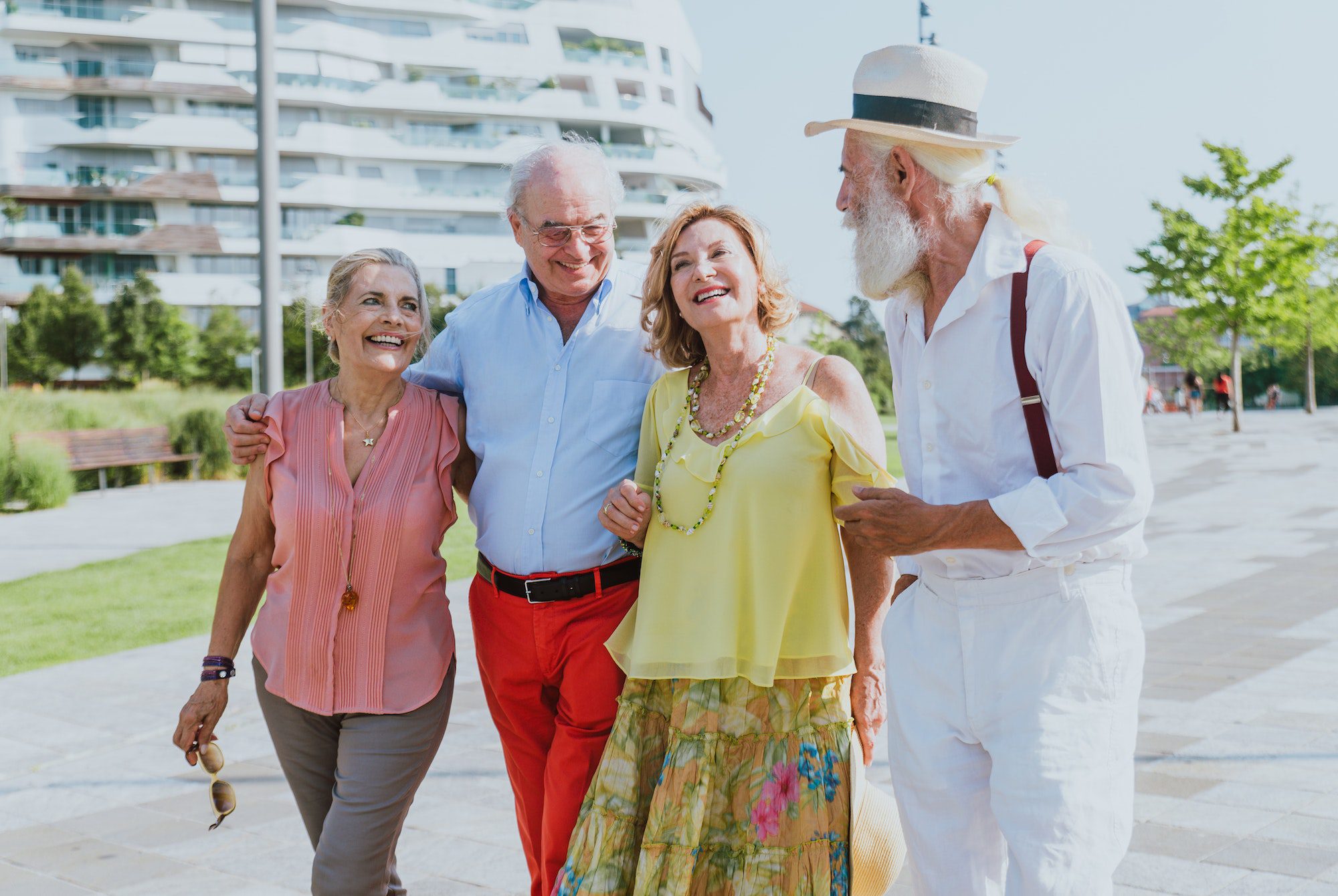 Group of seniors walking and having fun in the city with Medigap Plan F